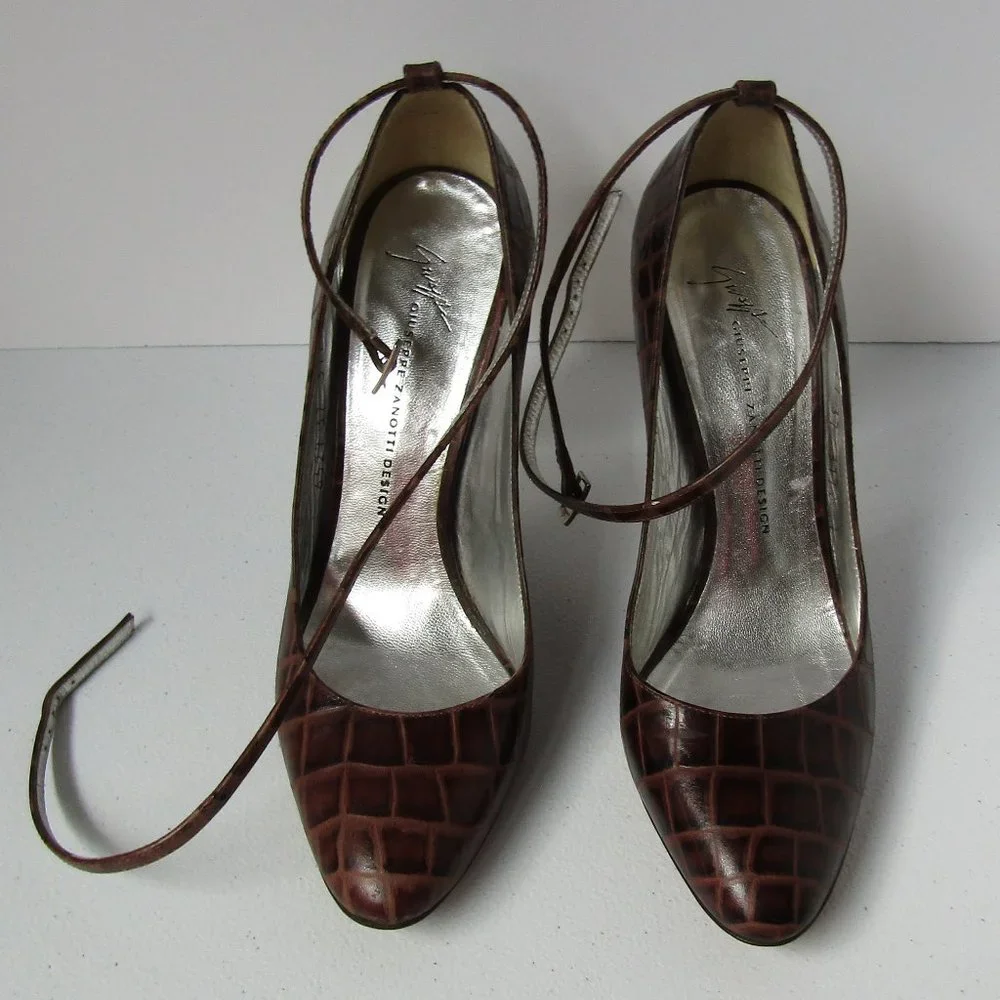 Giuseppe Zanotti Ankle Wrap Leather Lucite Wedge Heels